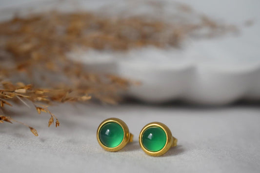 Mini Green Agate Stud Earrings, 6mm Gemstone Stud Earrings, Small Round Earrings, Minimalist Birthstone Jewelry, Birthday gift for her
