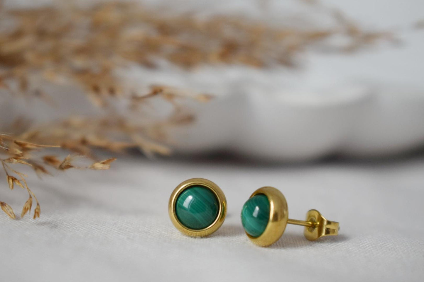 Mini Natural Malachite Stud Earrings, Small Green Gemstone Earrings, Push Back Earrings, Lightweight, Minimalist Birthstone Jewelry Gift