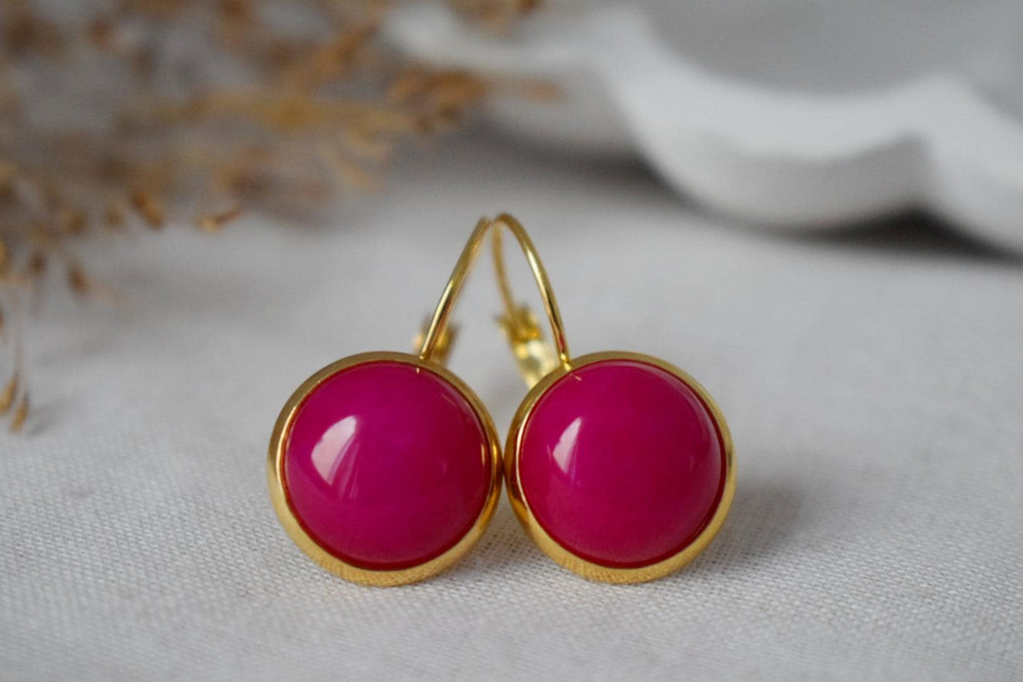 Pink Jade Earrings, Edelstein Round Earrings, Magenta Earrings, 12mm Lever Back Earrings, Stainless Steel, Jade Gold Jewelry, Gift For Her