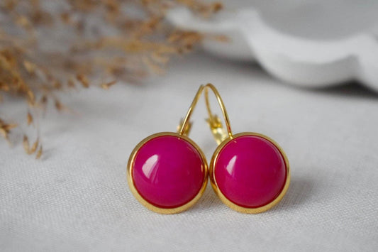 Pink Jade Earrings, Edelstein Round Earrings, Magenta Earrings, 12mm Lever Back Earrings, Stainless Steel, Jade Gold Jewelry, Gift For Her