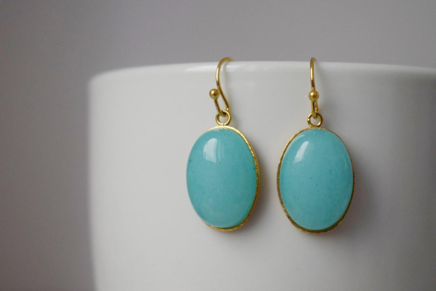 Turquoise jade earrings golden, Statement gemstone dangle earrings, Stone hanging pendant earrings, Turquoise jewelry, Gift for her