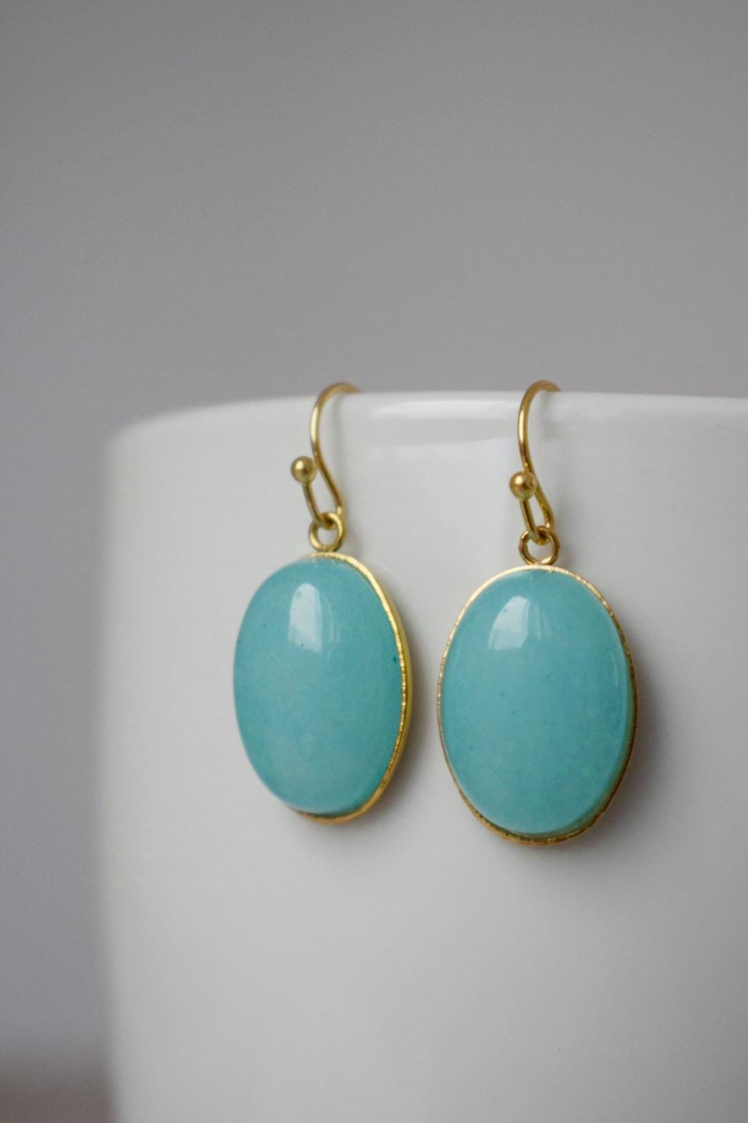 Turquoise jade earrings golden, Statement gemstone dangle earrings, Stone hanging pendant earrings, Turquoise jewelry, Gift for her