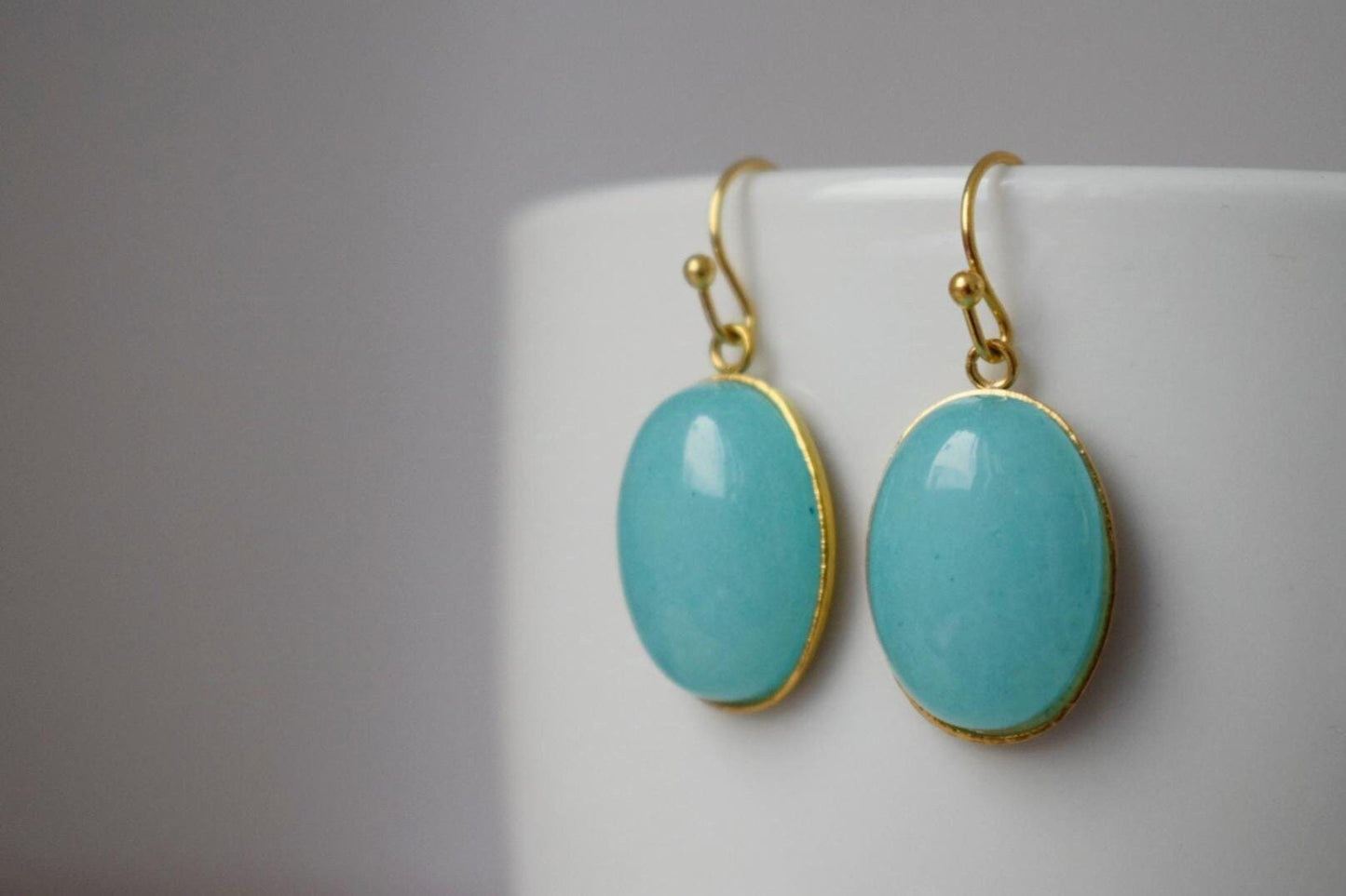Turquoise jade earrings golden, Statement gemstone dangle earrings, Stone hanging pendant earrings, Turquoise jewelry, Gift for her