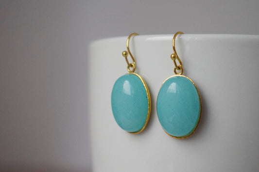 Turquoise jade earrings golden, Statement gemstone dangle earrings, Stone hanging pendant earrings, Turquoise jewelry, Gift for her