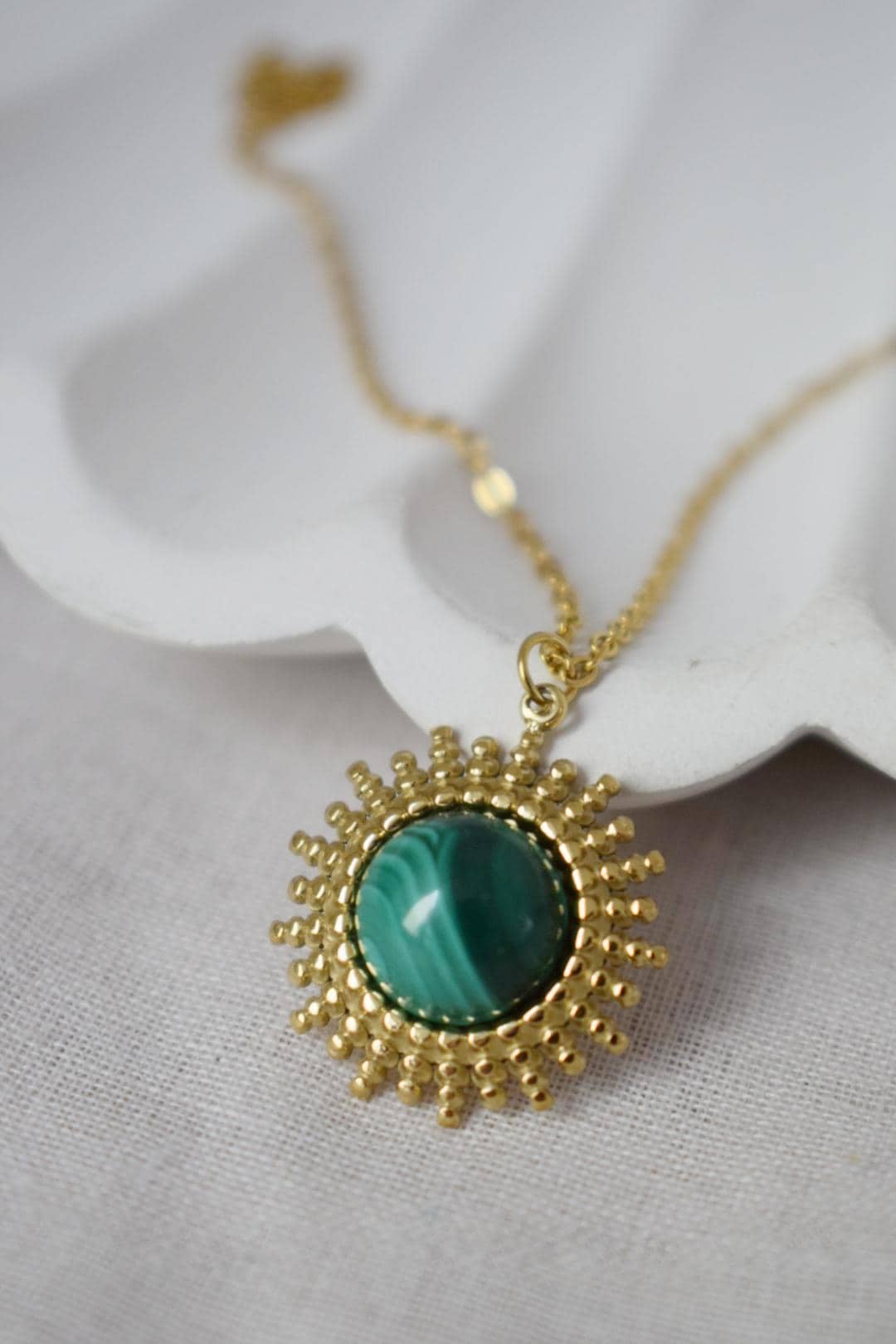 Malachite Necklace, Green Natural Stone, Mother's day gift, Sun Pendant, Adjustable Chain, Handmade Jewelry, Unique Gift for Her
