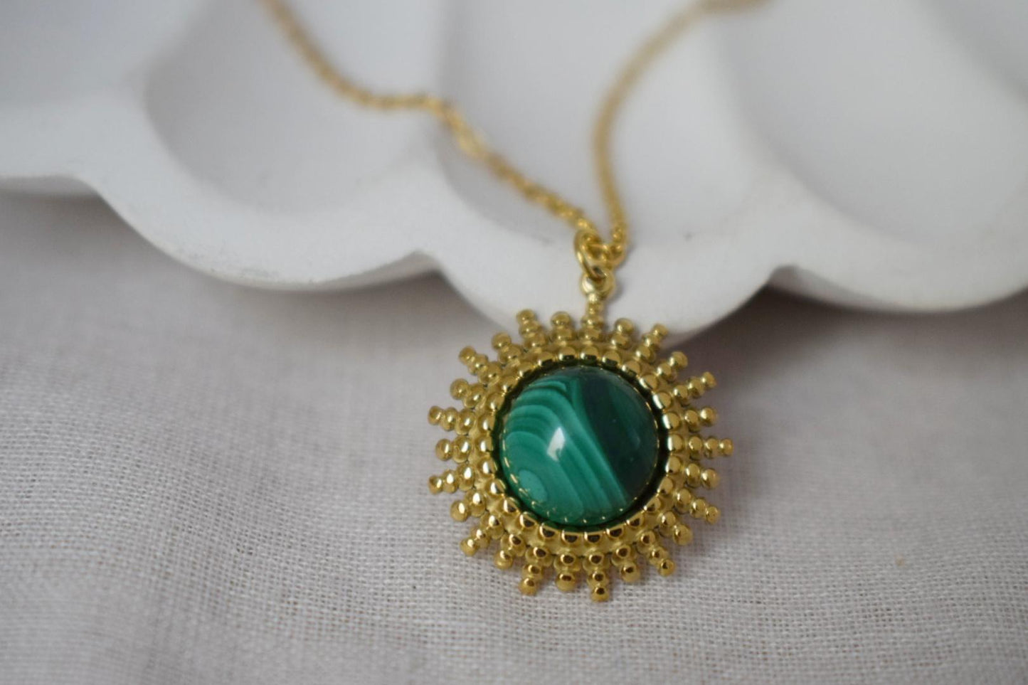 Malachite Necklace, Green Natural Stone, Mother's day gift, Sun Pendant, Adjustable Chain, Handmade Jewelry, Unique Gift for Her