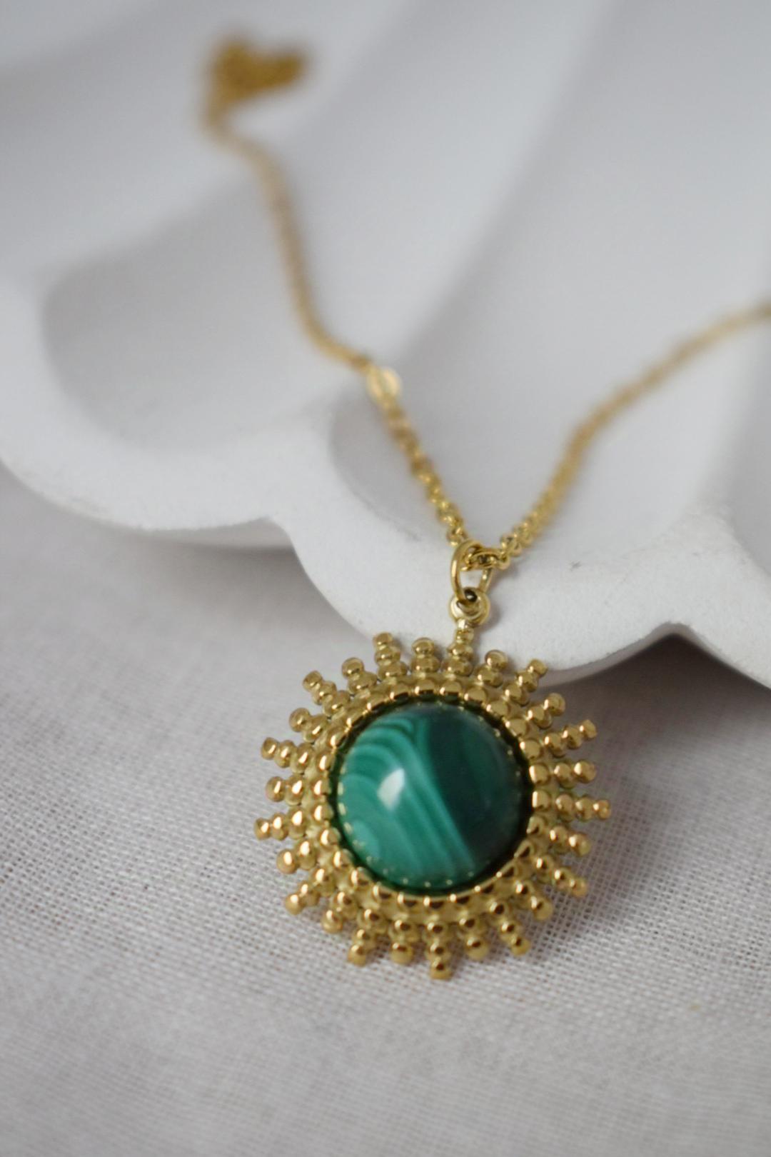 Malachite Necklace, Green Natural Stone, Mother's day gift, Sun Pendant, Adjustable Chain, Handmade Jewelry, Unique Gift for Her