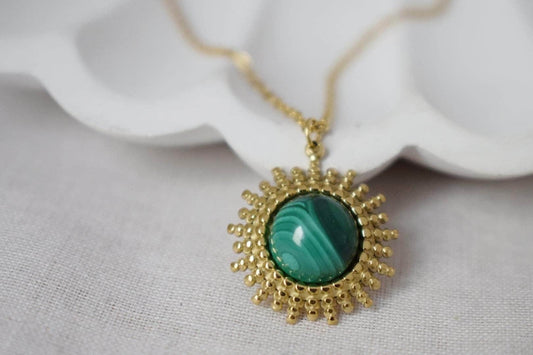 Malachite Necklace, Green Natural Stone, Mother's day gift, Sun Pendant, Adjustable Chain, Handmade Jewelry, Unique Gift for Her