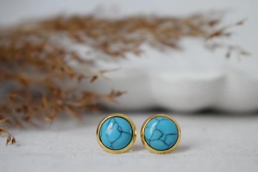 Turquoise stud earrings, Minimalist 18k gold plated stainless steel push backs, Post earrings, Unisex lightweight jewelry, Christmas gift