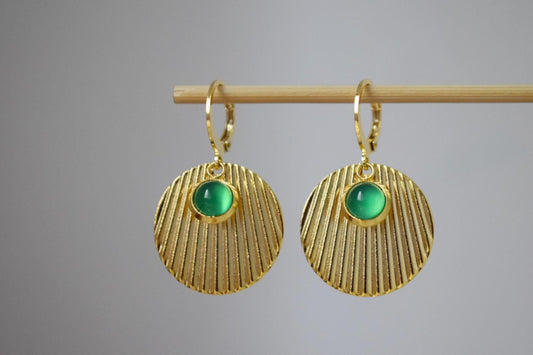 Green agate earrings, Round disc earrings, 24k gold plated stainless steel earrings, Lightweight jewelry, Best christmas gift for her