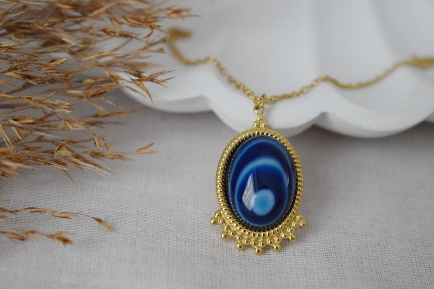 Blue Agate Necklace Gold, Oval Gemstone Victorian Necklace For Women, Unique Pendant, Stone Statement Necklace, Agate Jewelry, Gift For Her