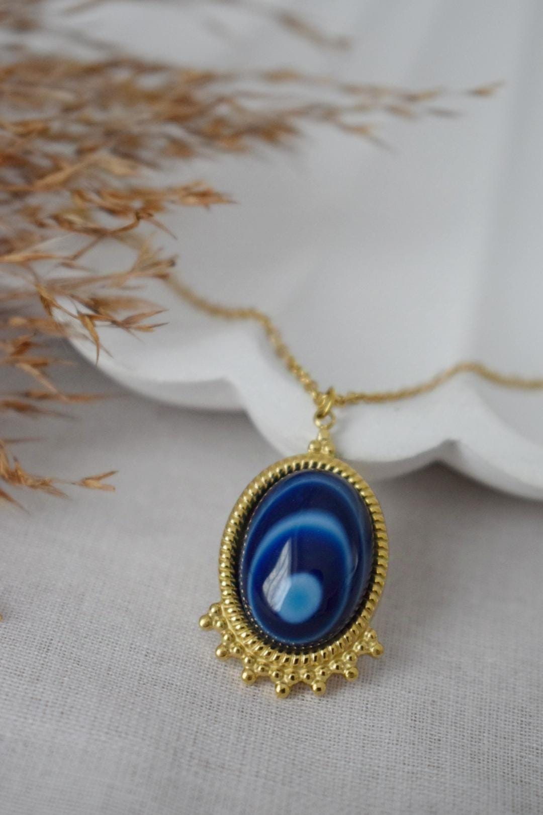 Blue Agate Necklace Gold, Oval Gemstone Victorian Necklace For Women, Unique Pendant, Stone Statement Necklace, Agate Jewelry, Gift For Her