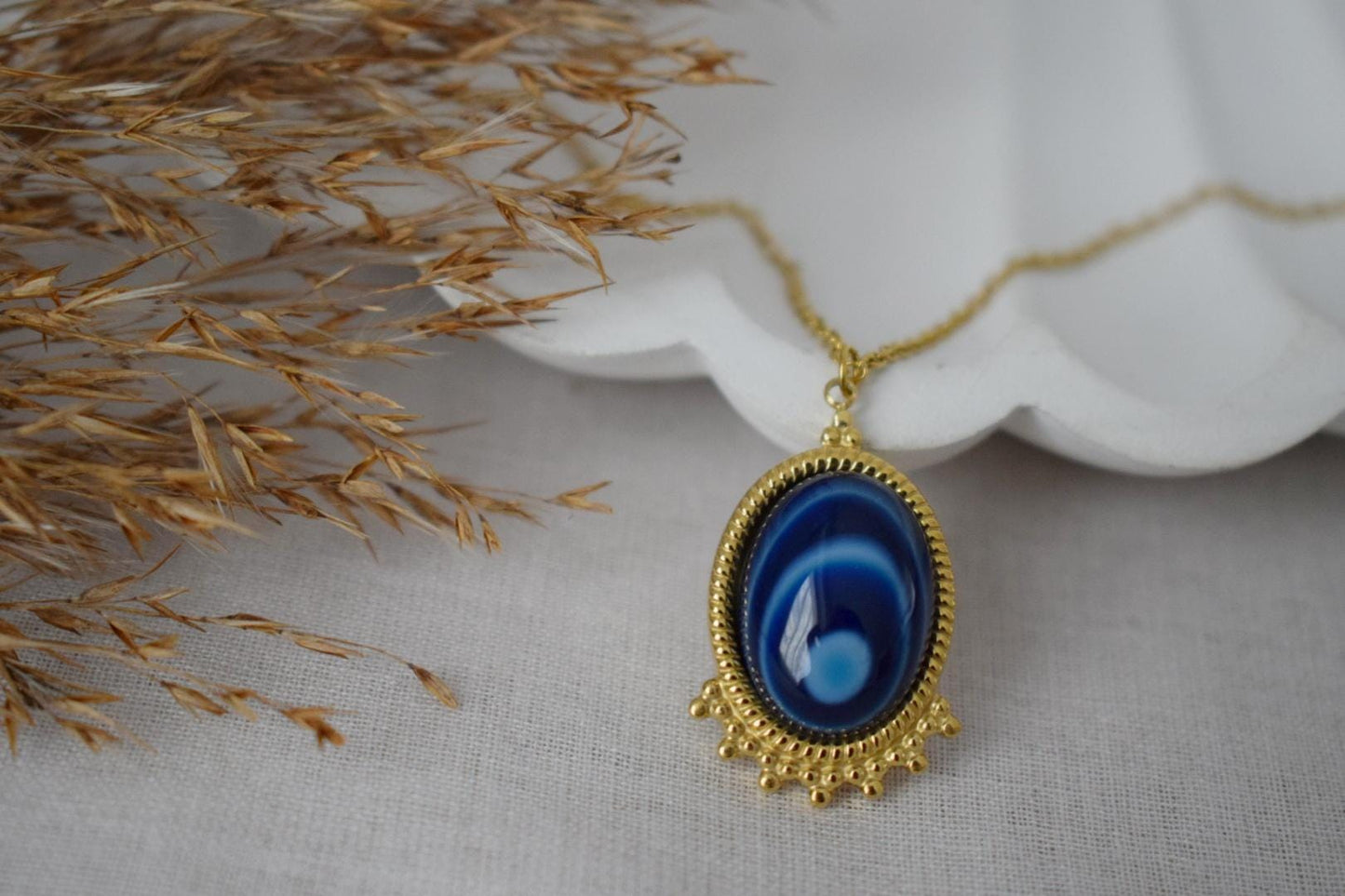 Blue Agate Necklace Gold, Oval Gemstone Victorian Necklace For Women, Unique Pendant, Stone Statement Necklace, Agate Jewelry, Gift For Her