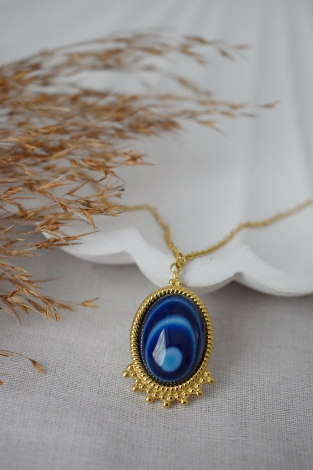 Blue Agate Necklace Gold, Oval Gemstone Victorian Necklace For Women, Unique Pendant, Stone Statement Necklace, Agate Jewelry, Gift For Her