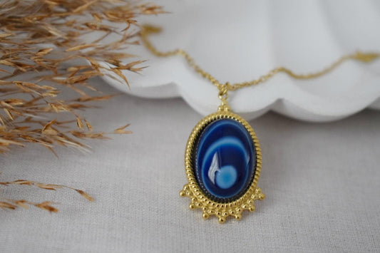 Blue Agate Necklace Gold, Oval Gemstone Victorian Necklace For Women, Unique Pendant, Stone Statement Necklace, Agate Jewelry, Gift For Her