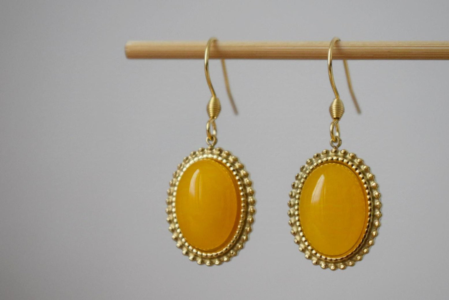 Yellow jade earrings, Oval gemstone dangle earrings, Boho chic earrings, Ornament jewelry, Unique gift for her