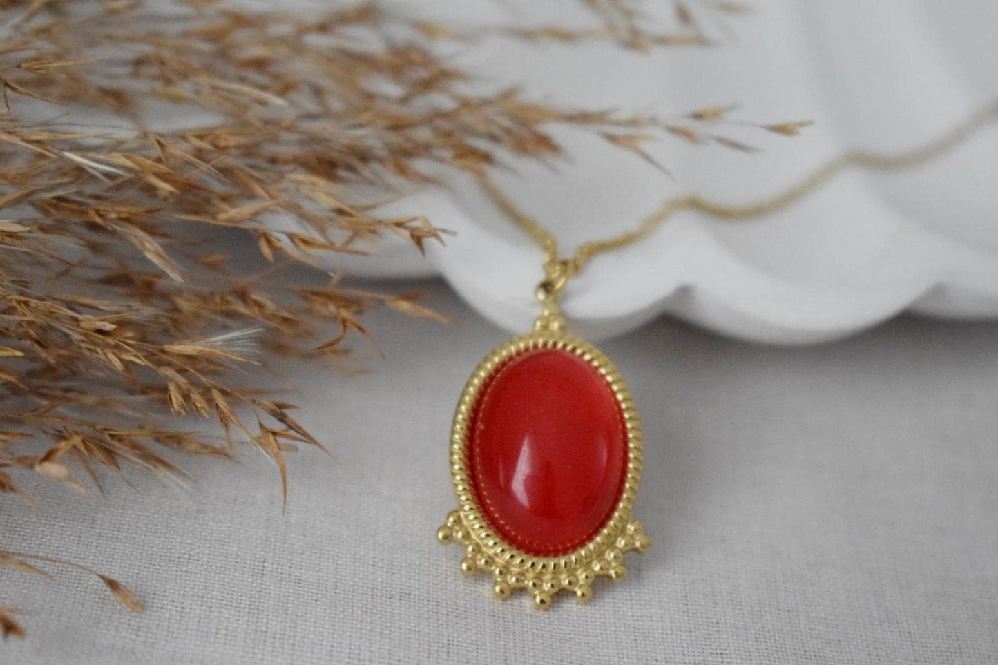 Red Jade Necklace Gold, Oval Gemstone Victorian Necklace For Women, Unique Pendant, Statement Necklace, Jewelry Gift For Her