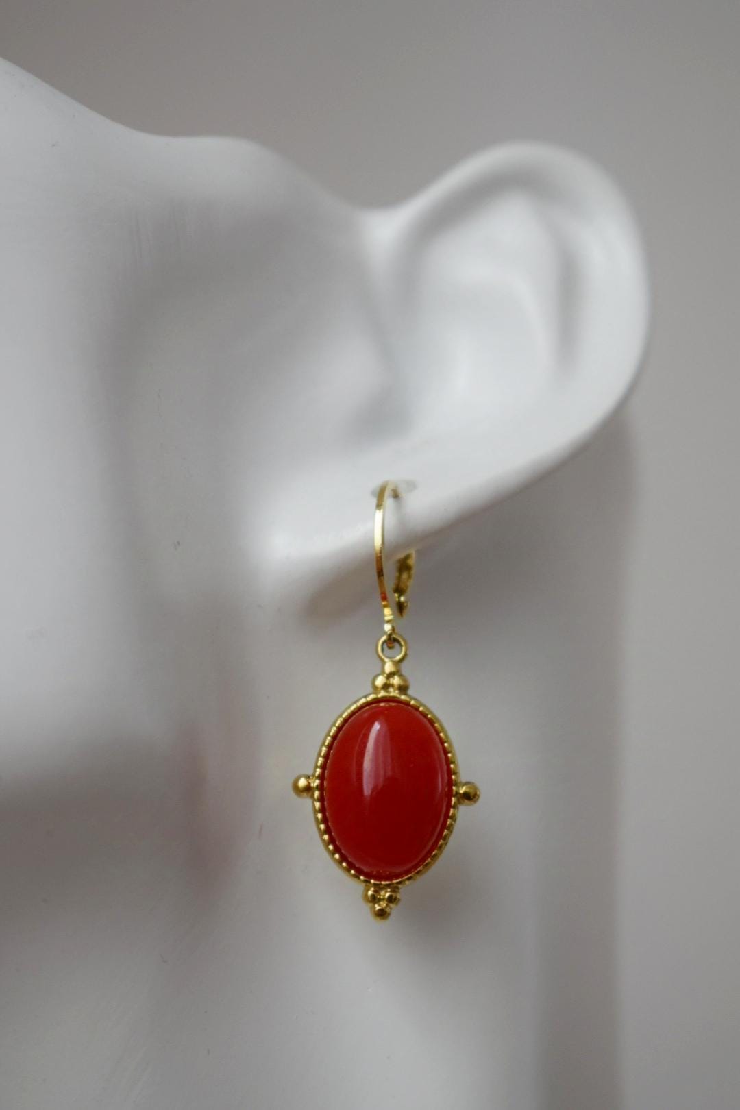 Red jade earrings, Oval gemstone dangle earrings, Boho chic earrings, Ornament jewelry, Unique gift for her