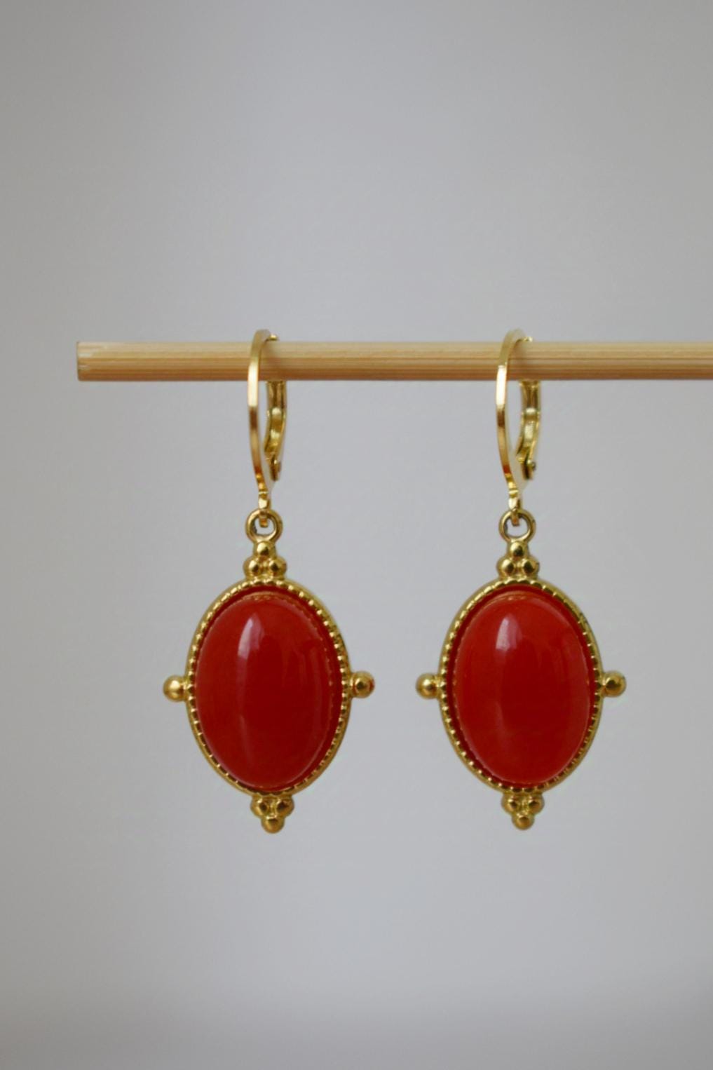 Red jade earrings, Oval gemstone dangle earrings, Boho chic earrings, Ornament jewelry, Unique gift for her