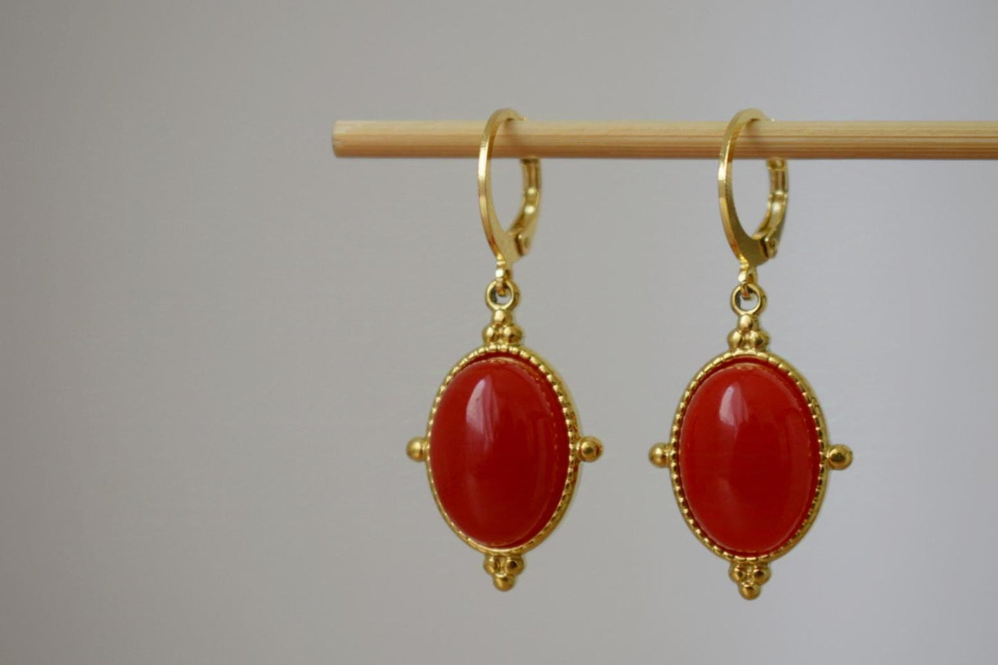 Red jade earrings, Oval gemstone dangle earrings, Boho chic earrings, Ornament jewelry, Unique gift for her