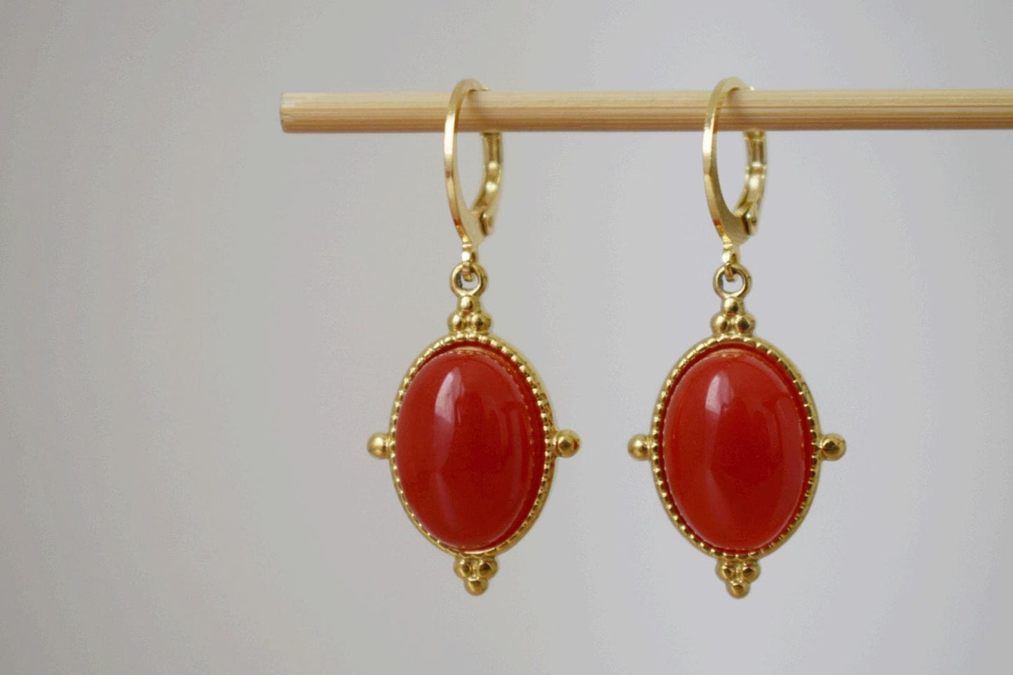 Red jade earrings, Oval gemstone dangle earrings, Boho chic earrings, Ornament jewelry, Unique gift for her