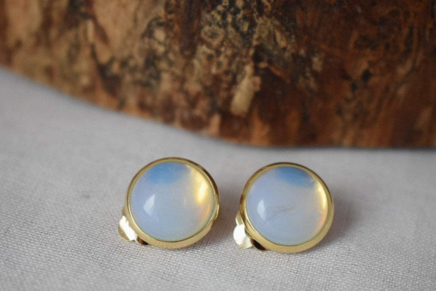 Opalite clip on earrings gold for women, Moonstone earrings, No hole earrings, Gemstone ear clips, Rainbow, Bridesmaid jewelry, Gift for her