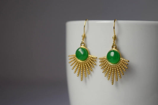 Green jade earrings gold, Sun rays dangling earrings, Sunburst, Green gemstone drop earrings, Celestial, Green jade jewelry, Gift for her