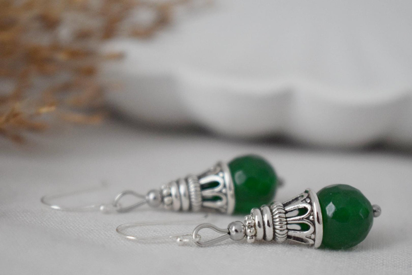 Green jade teardrop earrings with sterling silver hooks, Vintage dangle and drop gemstone earrings, Boho jewelry, Unique gift for women