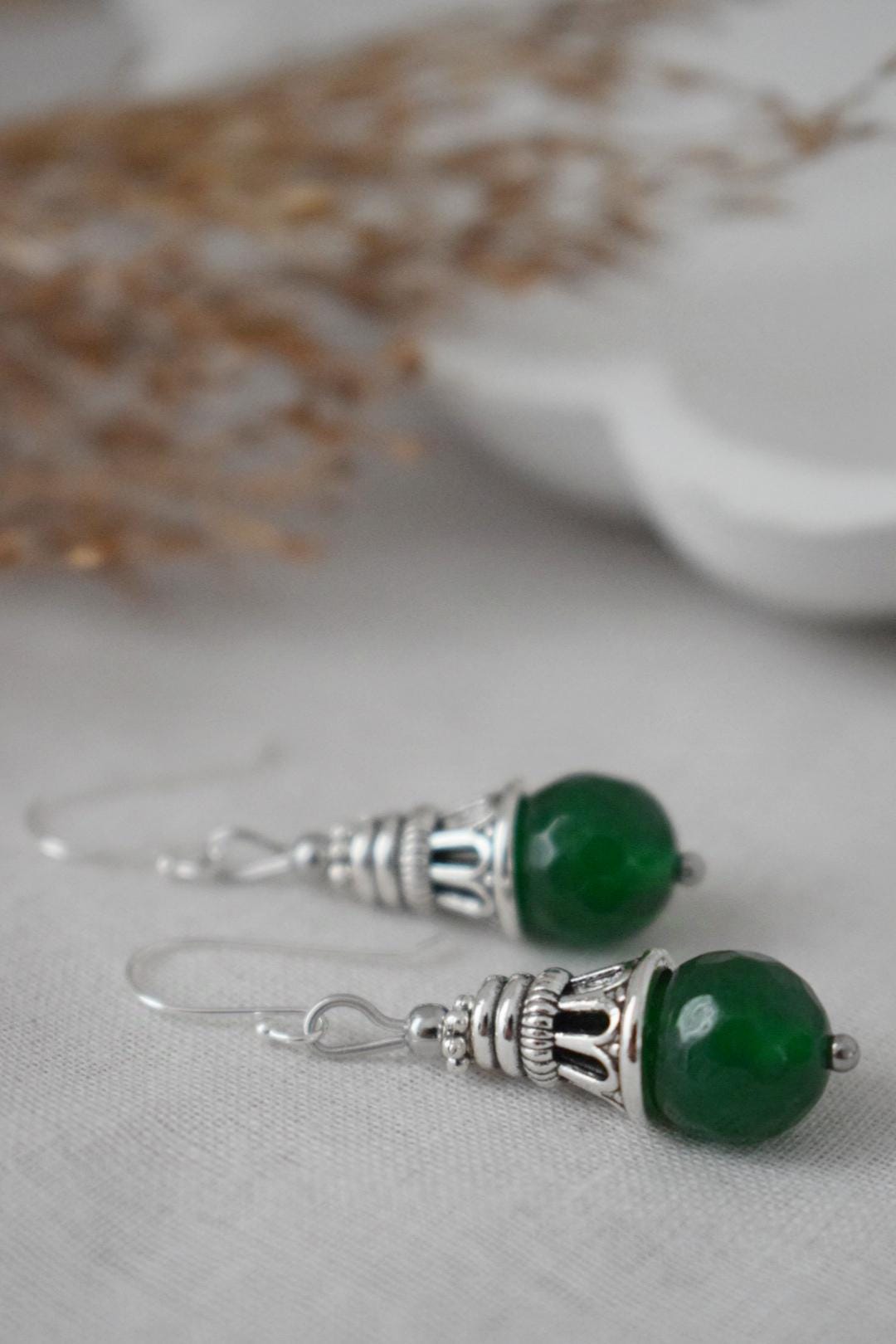 Green jade teardrop earrings with sterling silver hooks, Vintage dangle and drop gemstone earrings, Boho jewelry, Unique gift for women
