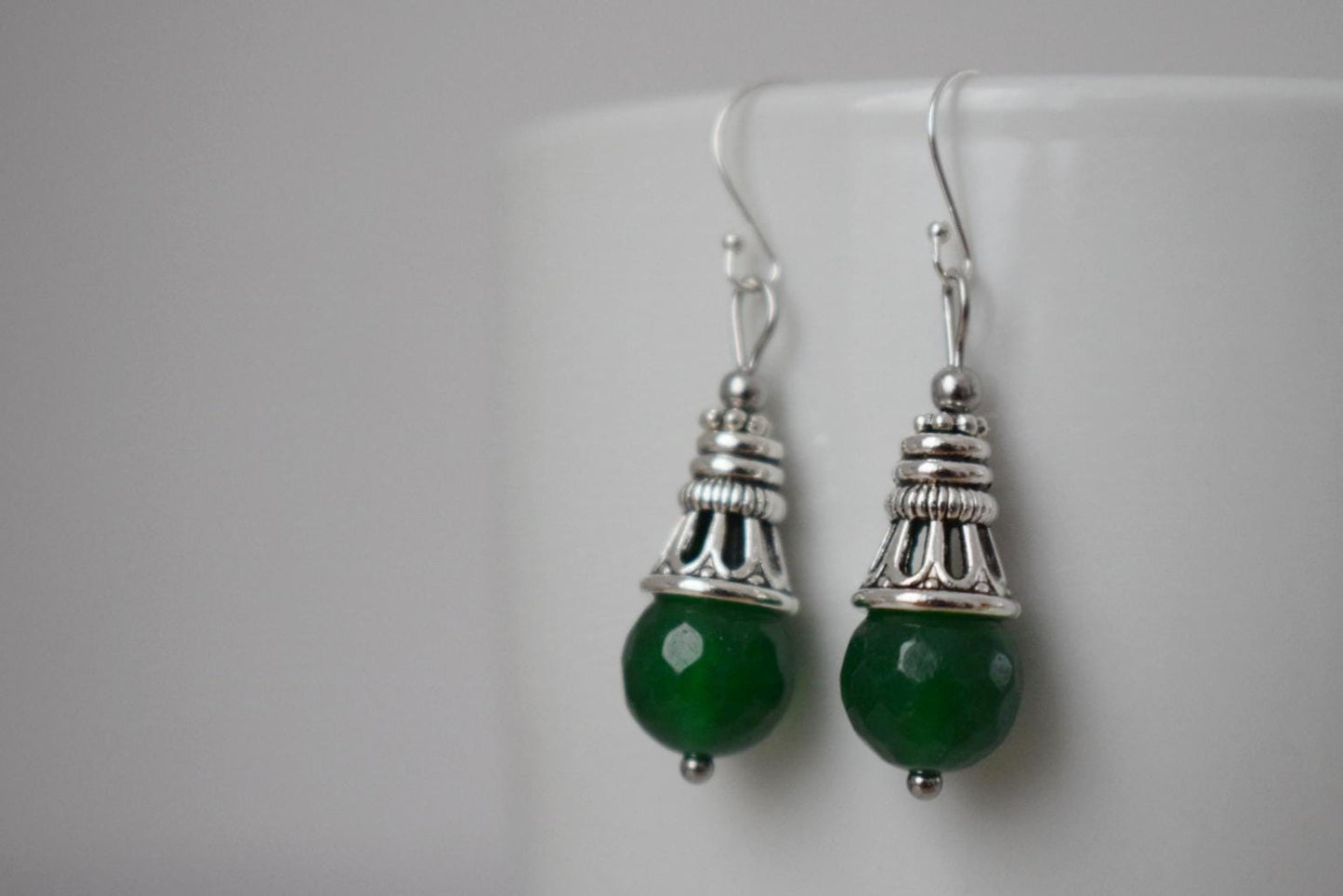 Green jade teardrop earrings with sterling silver hooks, Vintage dangle and drop gemstone earrings, Boho jewelry, Unique gift for women