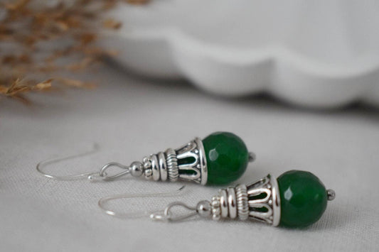 Green jade teardrop earrings with sterling silver hooks, Vintage dangle and drop gemstone earrings, Boho jewelry, Unique gift for women