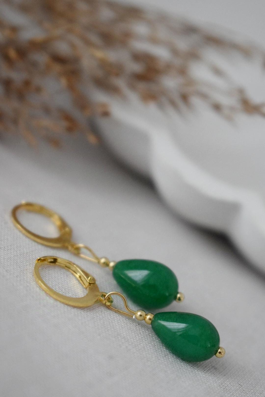 Green jade teardrop earrings, Small huggies with drop gemstone, Gold hoops green stone, Pearl hanging earrings, Unique Gift for her