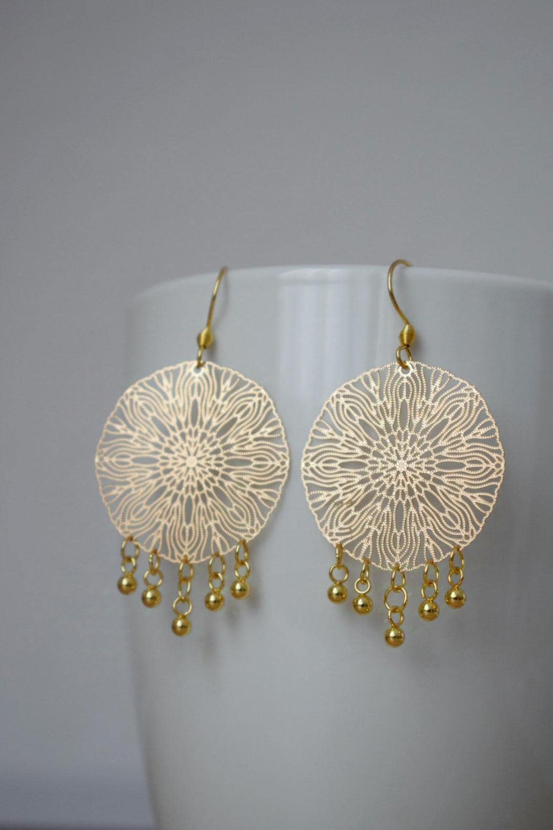 Ornament earrings for women, Mandala gold earrings, Stainless steel earrings, Boho filigree gold earrings, Mandala jewelry, Gift for her