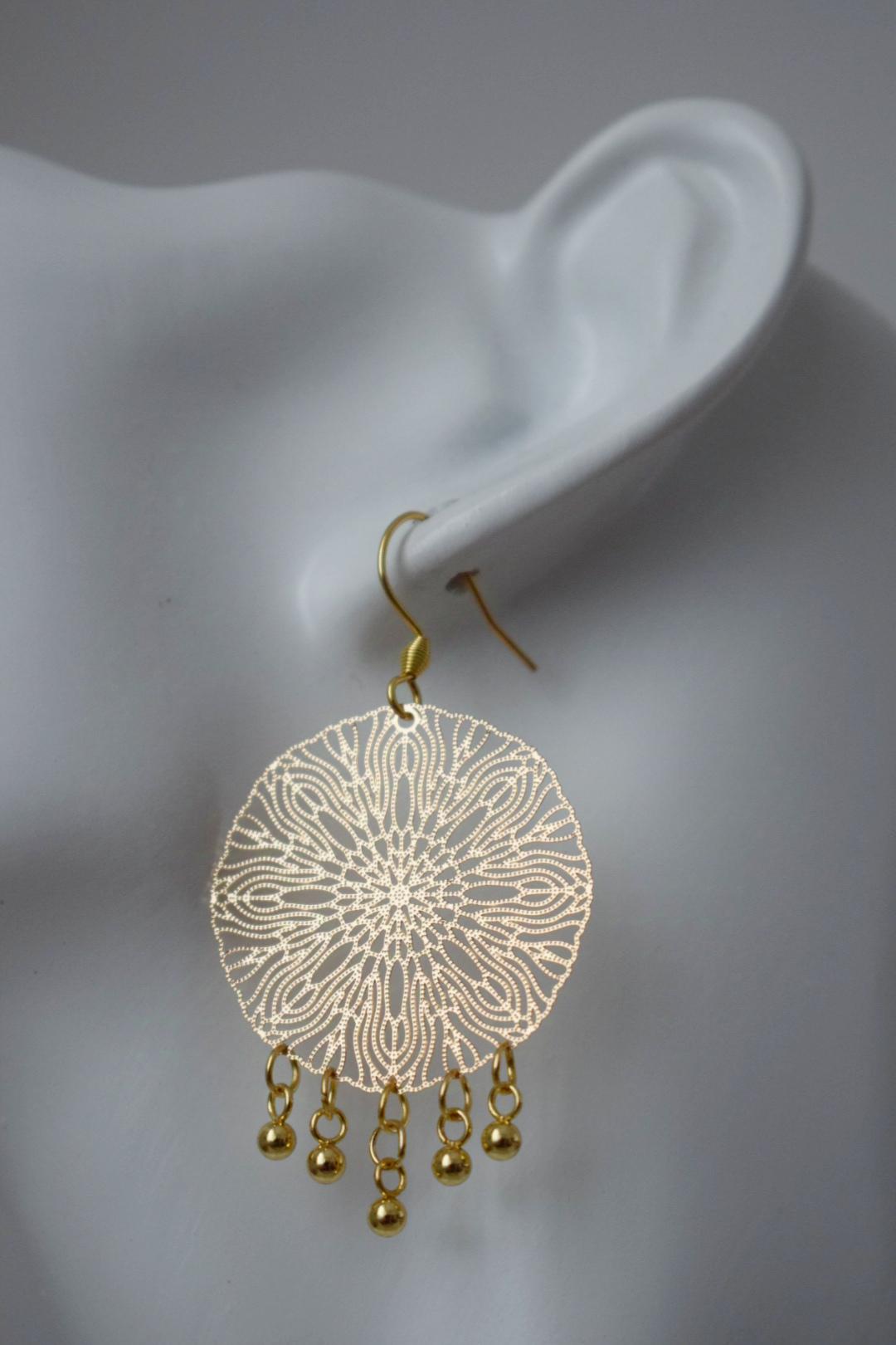 Ornament earrings for women, Mandala gold earrings, Stainless steel earrings, Boho filigree gold earrings, Mandala jewelry, Gift for her