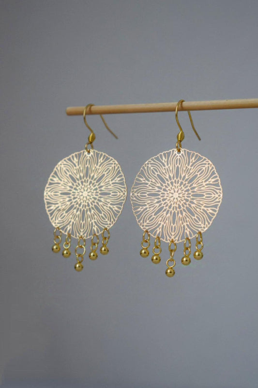 Ornament earrings for women, Mandala gold earrings, Stainless steel earrings, Boho filigree gold earrings, Mandala jewelry, Gift for her