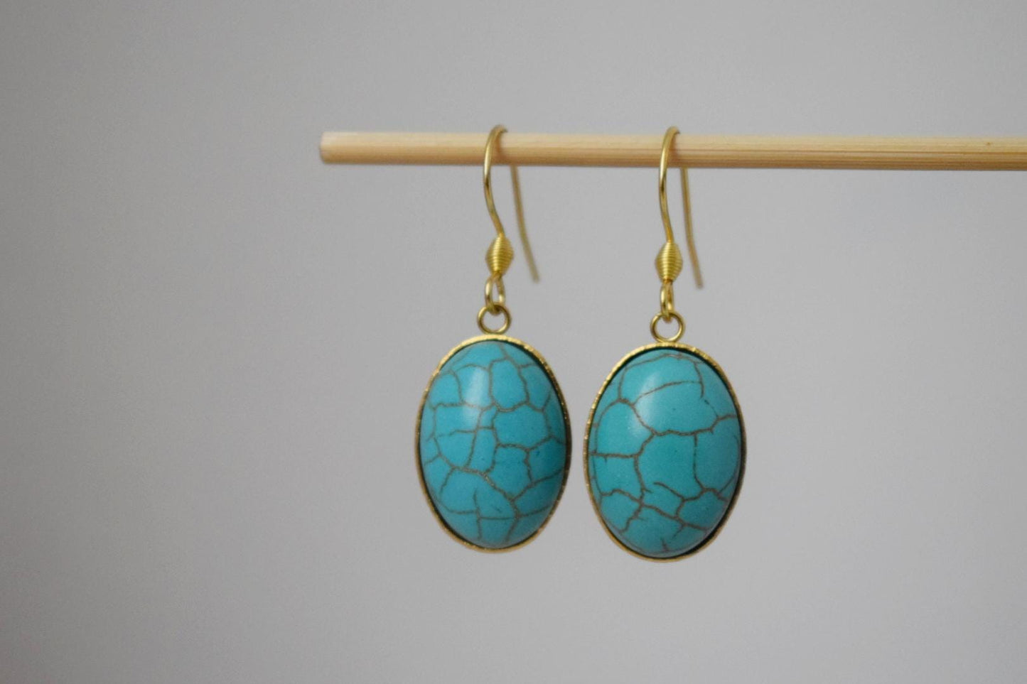 Turquoise Earrings Gold, Oval Blue Gemstone Hangings, Boho Dangle Earrings For Women, Unique Jewelry, Best Gift For Her