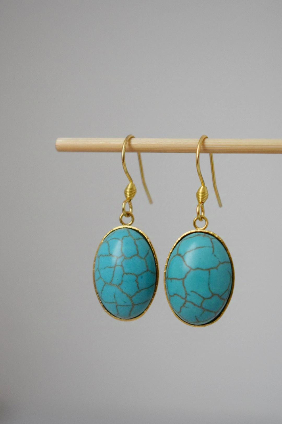 Turquoise Earrings Gold, Oval Blue Gemstone Hangings, Boho Dangle Earrings For Women, Unique Jewelry, Best Gift For Her