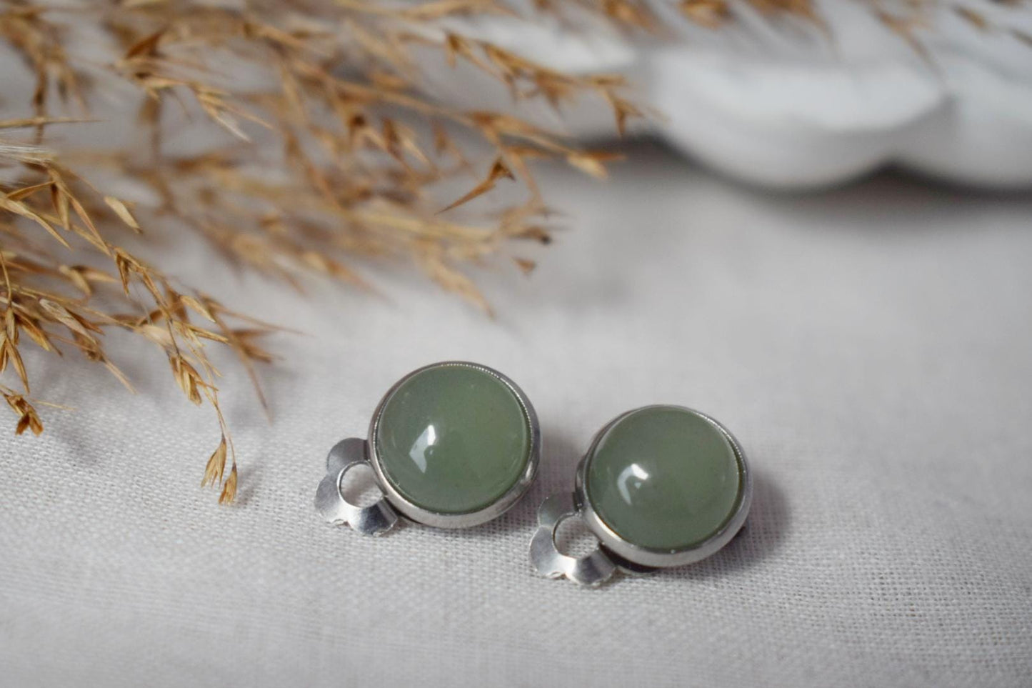 Green aventurine clip on earrings for women, Small gemstone ear clips, Surgical stainless steel, Natural stone, Non pierced jewelry, Gift
