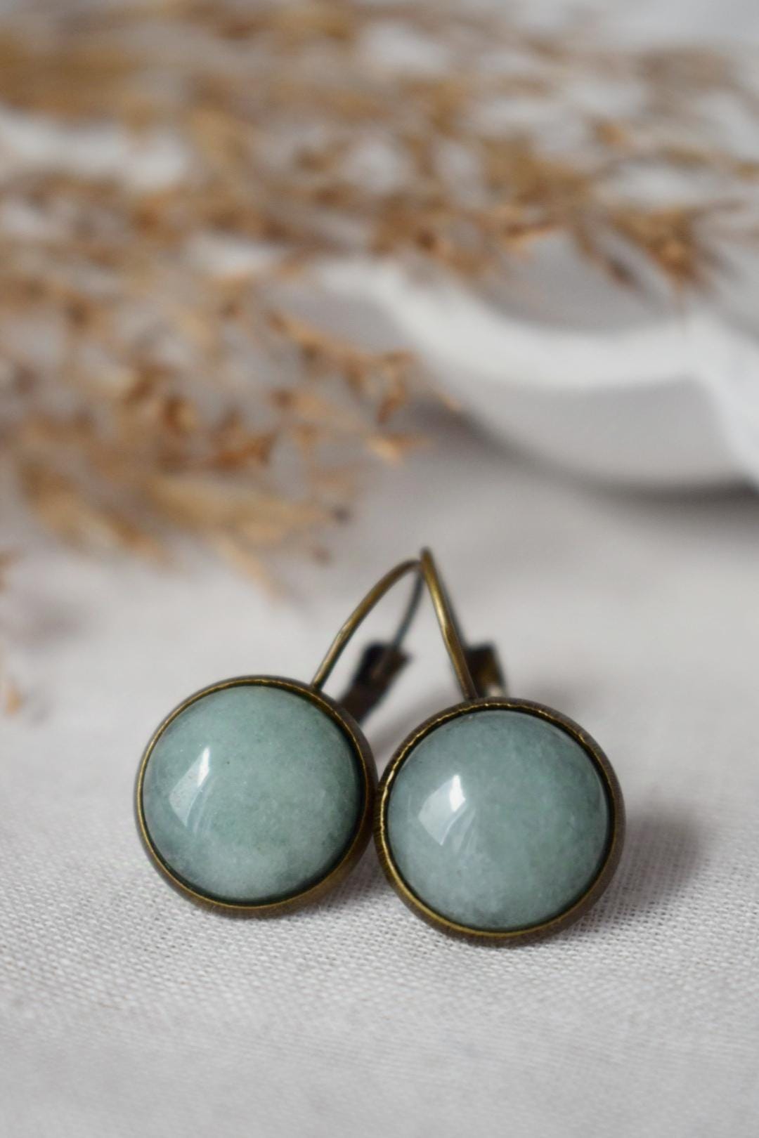 Green aventurine vintage earrings, Gemstone, Round, Green stone, Dangle, Antique bronze, Lever back, Aventurine jewelry, Hanging earrings