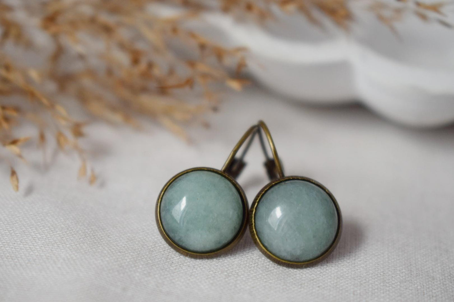 Green aventurine vintage earrings, Gemstone, Round, Green stone, Dangle, Antique bronze, Lever back, Aventurine jewelry, Hanging earrings
