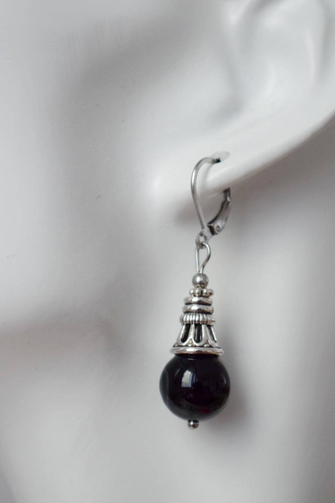 Black agate earrings, Boho gemstone drop earrings, Vintage stone dangle earrings for women, Handmade ethnic jewelry, Gift for her