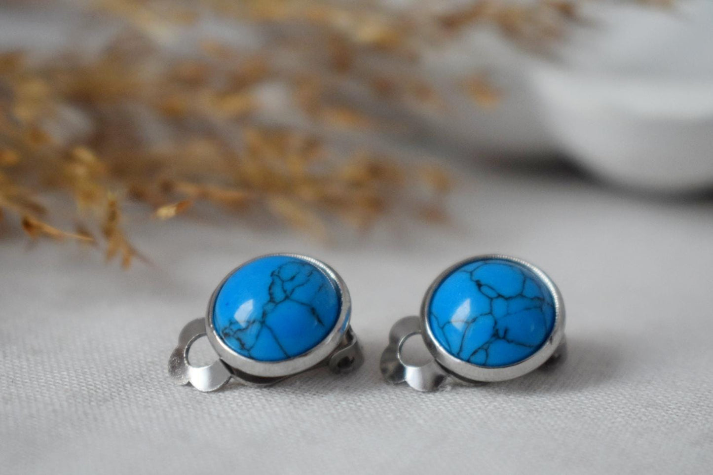 Clip on earrings turquoise, Blue gemstone ear clips, No hole earrings, Surgical stainless steel, Non pierced earrings, Jewelry Gift