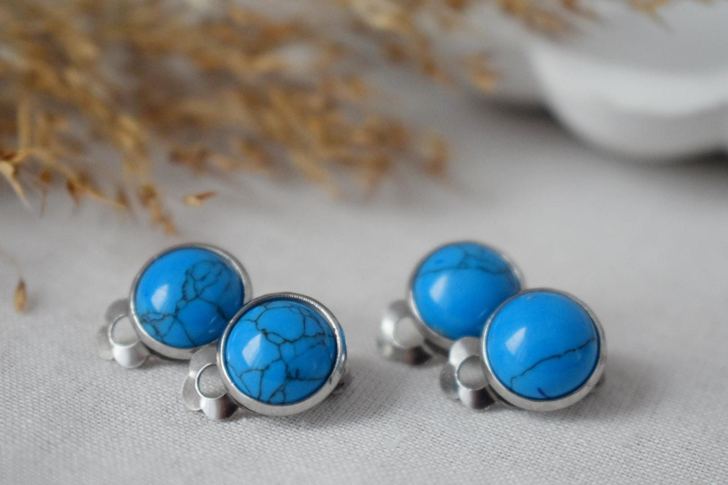 Clip on earrings turquoise, Blue gemstone ear clips, No hole earrings, Surgical stainless steel, Non pierced earrings, Jewelry Gift