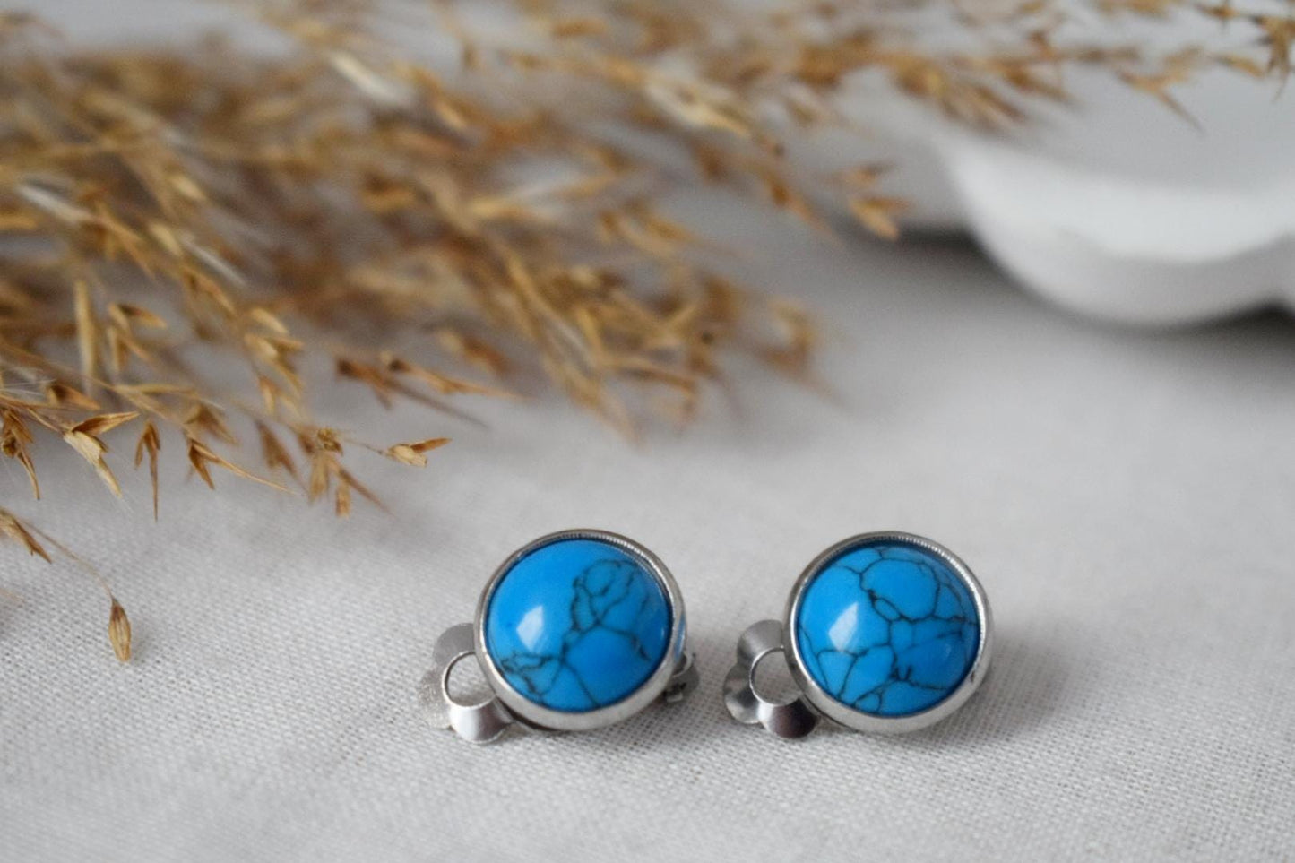 Clip on earrings turquoise, Blue gemstone ear clips, No hole earrings, Surgical stainless steel, Non pierced earrings, Jewelry Gift