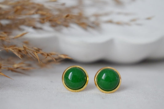 Green Jade Stud Earrings, 8mm Minimalist Gemstone Earrings, 18k Gold Plated Jewelry, Birthday Anniversary Gift For Her