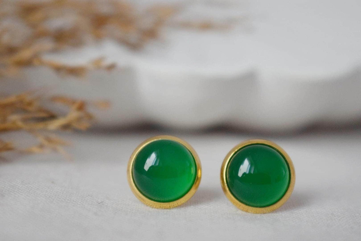 Green agate stud earrings, Small gemstone push back earrings, 18k gold plated stainless steel jewelry, Gift for her
