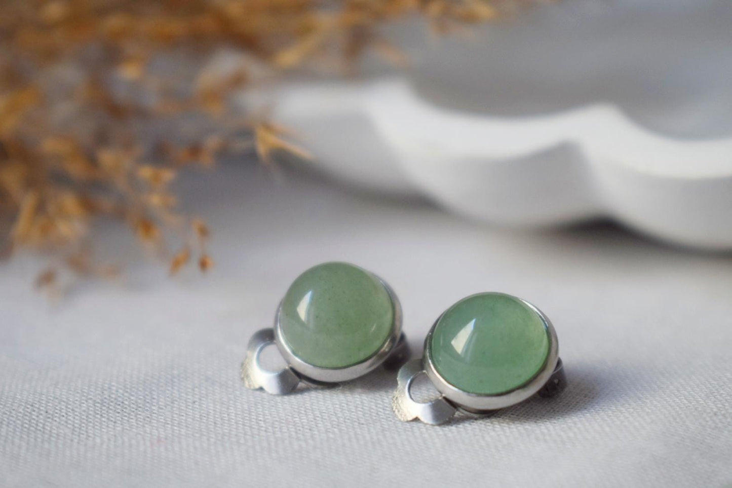 Green aventurine clip on earrings for women, Small gemstone ear clips, Surgical stainless steel, Natural stone, Non pierced jewelry, Gift