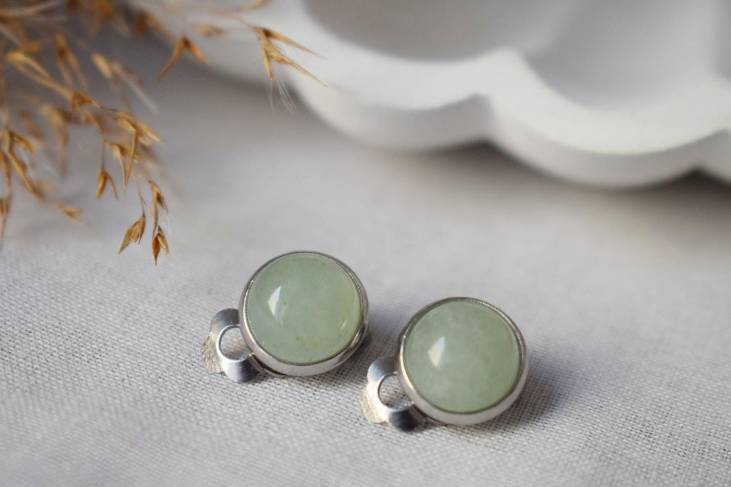 Green aventurine clip on earrings for women, Small gemstone ear clips, Surgical stainless steel, Natural stone, Non pierced jewelry, Gift