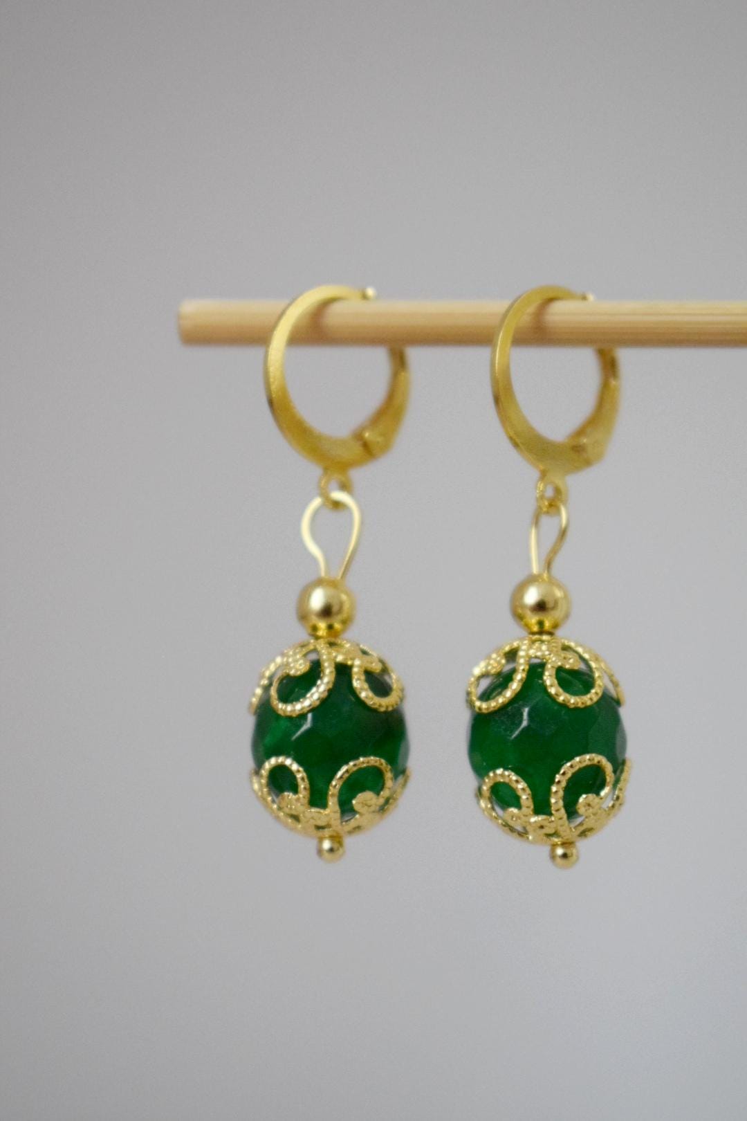 Ornamental Green Jade Earrings, Boho huggie hoops, Gemstone faceted ball earrings, Lightweight bohemian golden jewelry, Unique gift for her