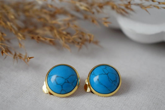 Turquoise clip on earrings, Blue gemstone ear clips, Surgical stainless steel, Non pierced earrings, No hole earrings, Handmade jewelry gift